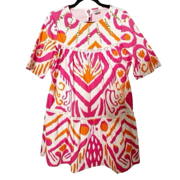 Sheridan French Embellished Short Sleeve Crew Neck Tiered Mini Dress Pink Small - Picture 2 of 9